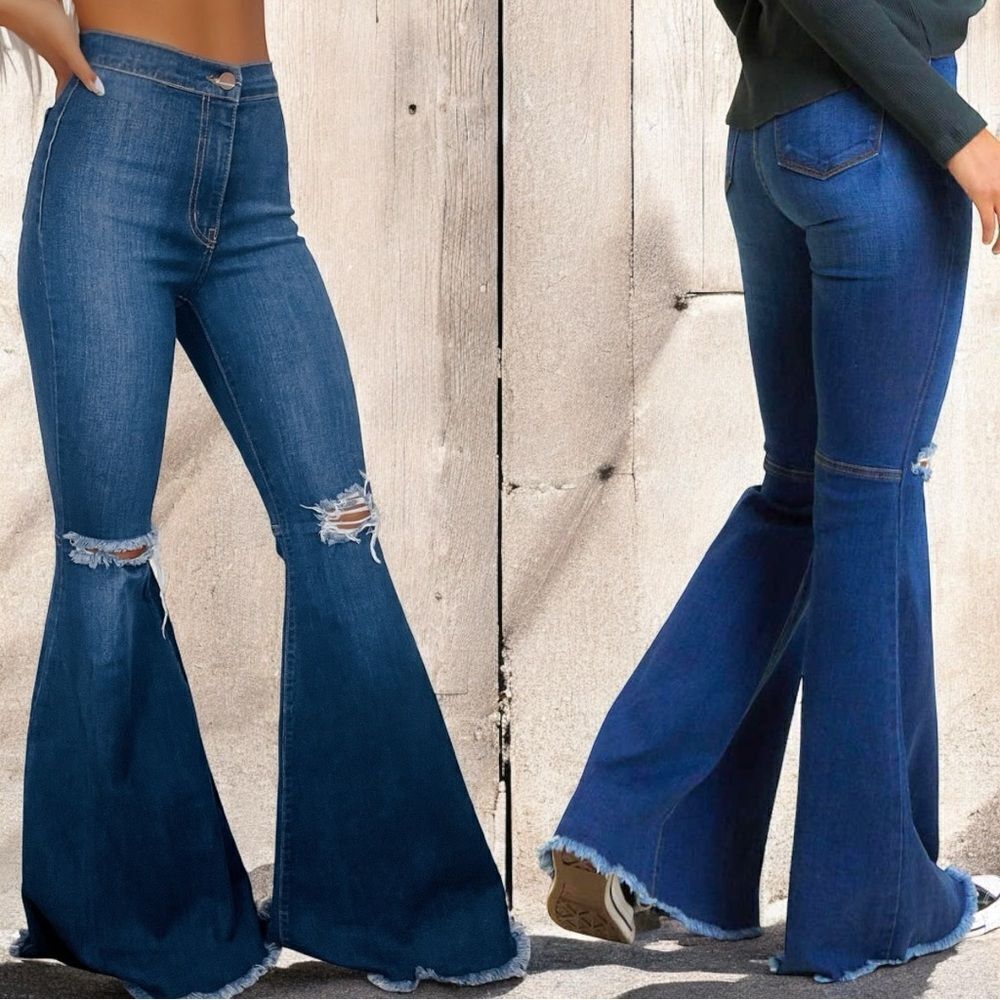 Mid Wash Distressed Knee Flare Jeans | High Rise Stretch | Raw Hem | NWT - Picture 3 of 16
